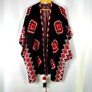 Aztec Knit Poncho Cardigan OS Arm Holes Pom Pom Tassels Southwest Tribal Boho